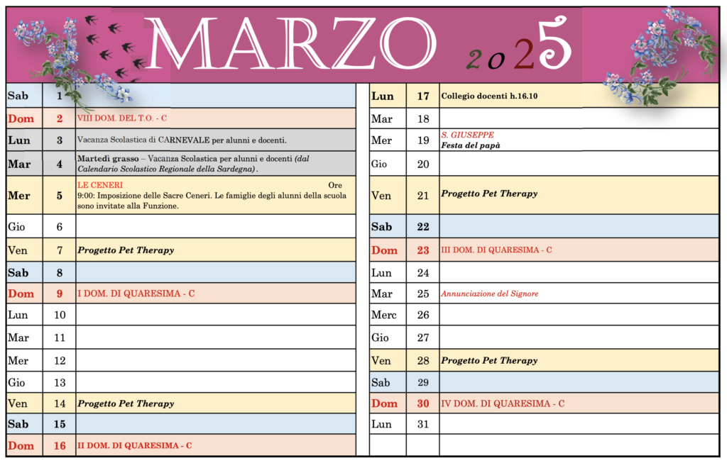 calendario mese di Marzo